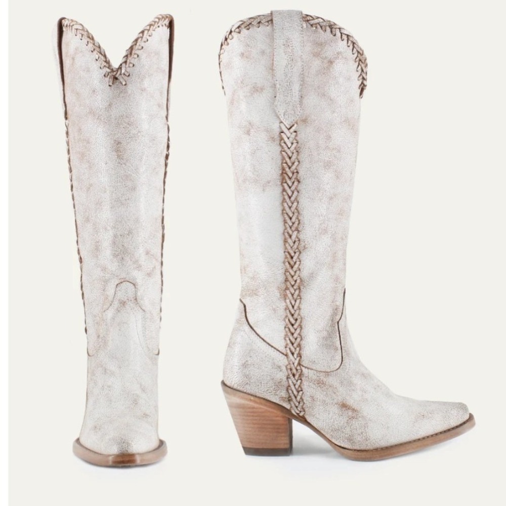 Buck & Brana Kenia Retro Low White Leather Western Cowboy Boots Womens 8.5 NEW